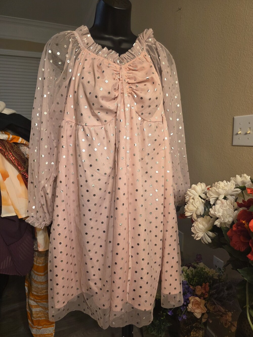 Pink Sequin Dot Mesh Dress
